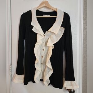Anthropologie Black and Cream Knit Cardigan with Ruffle Details
